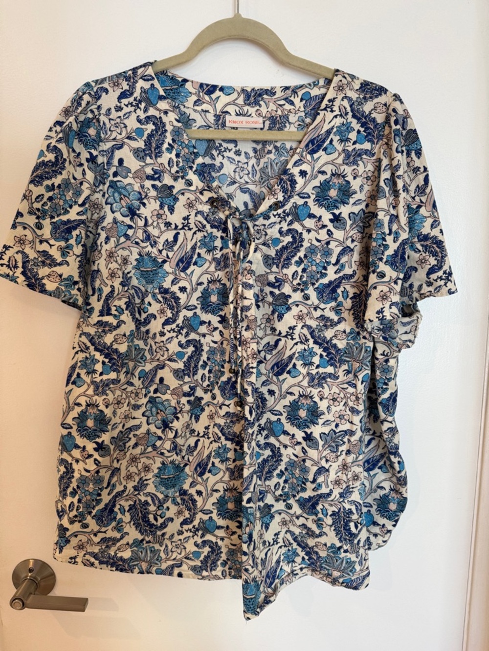 Knox Rose Cream Top with Blue Floral Print and Tie Front